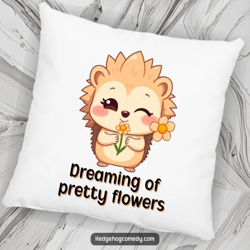 Funny shy hedgehog winking and offering a flower, a soft pillow for sweet and funny gifts.