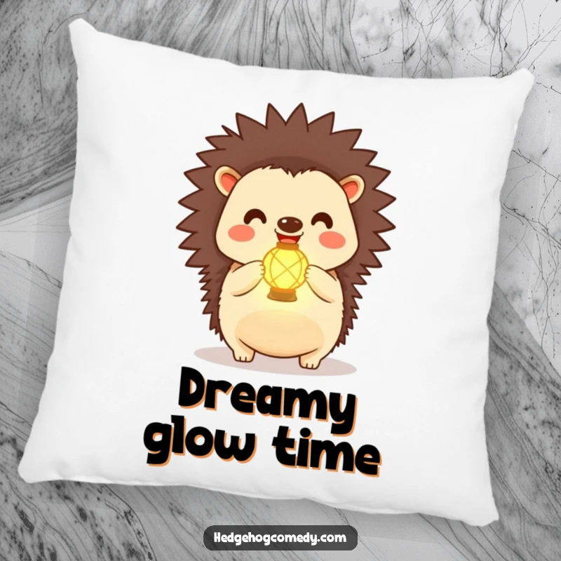 Funny Kawaii Hedgehog Pillow: A joyful hedgehog proudly holds a tiny, glowing lantern, offering a warm and humorous decorative touch.
