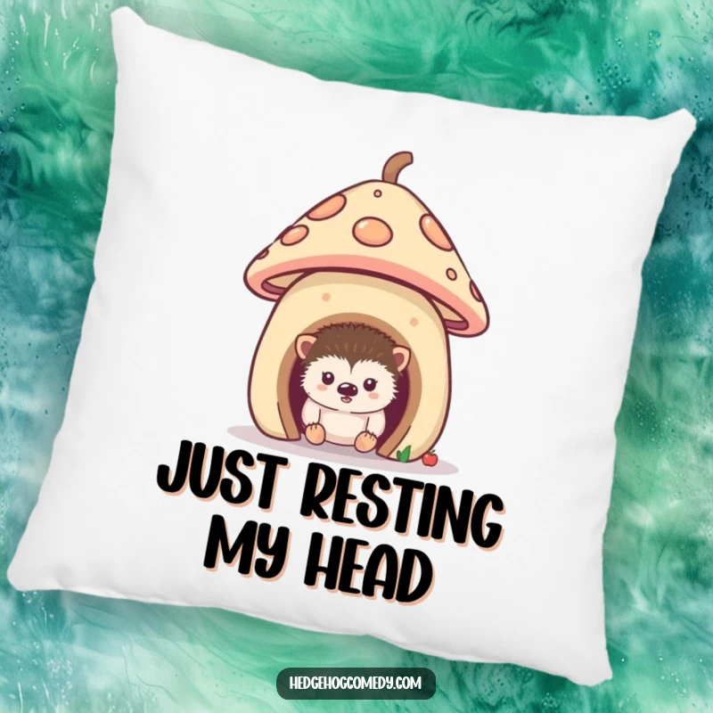 Funny pillow featuring a curious hedgehog peeking from its tiny mushroom house, providing soft, humorous, and enchanting comfort.