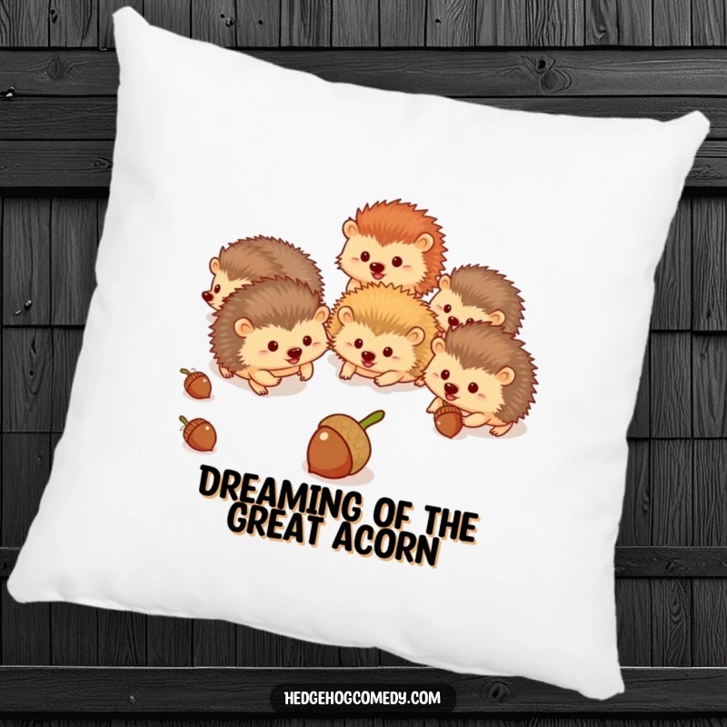 Funny hedgehogs in a cute, playful pose on a soft pillow, depicting an acorn chase for humorous decor.