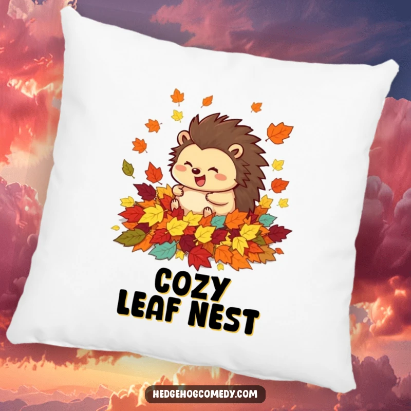Soft funny pillow featuring a happy hedgehog rolling excitedly in a pile of colorful autumn leaves, perfect for cozying up.