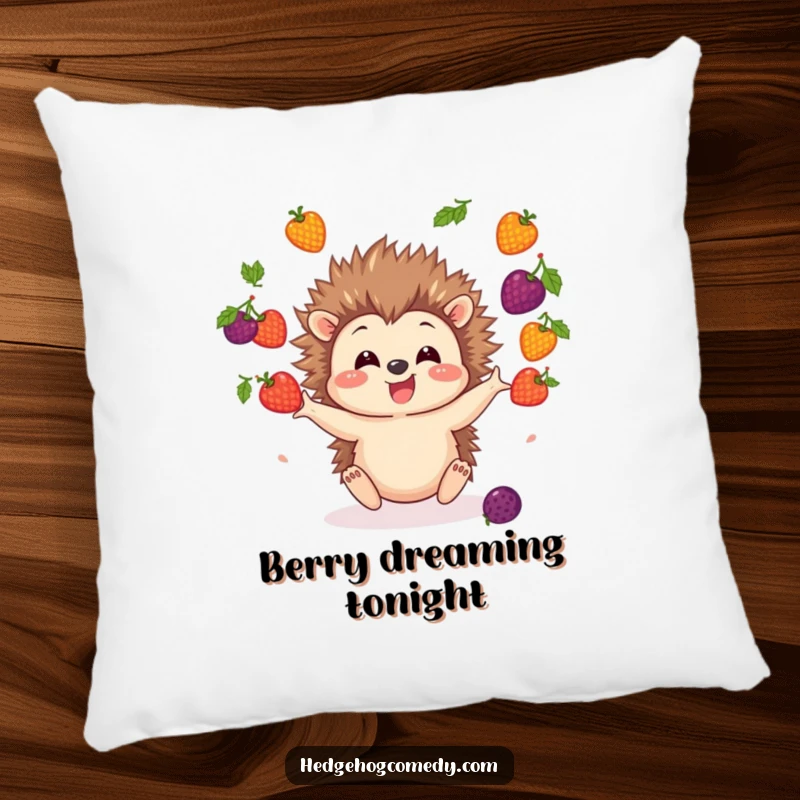 Funny Hedgehog Pillow featuring a cute hedgehog character juggling colorful berries, offering plush comfort and a cheerful vibe.