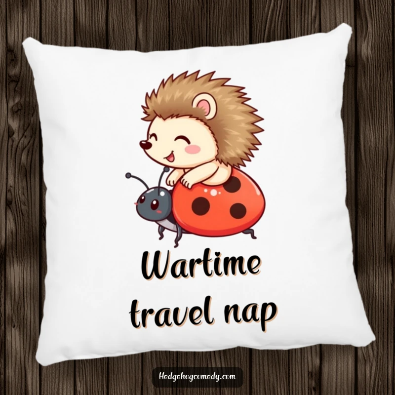 Funny happy hedgehog riding a friendly ladybug on a pillow, offering comfort and adventure, perfect funny gift.