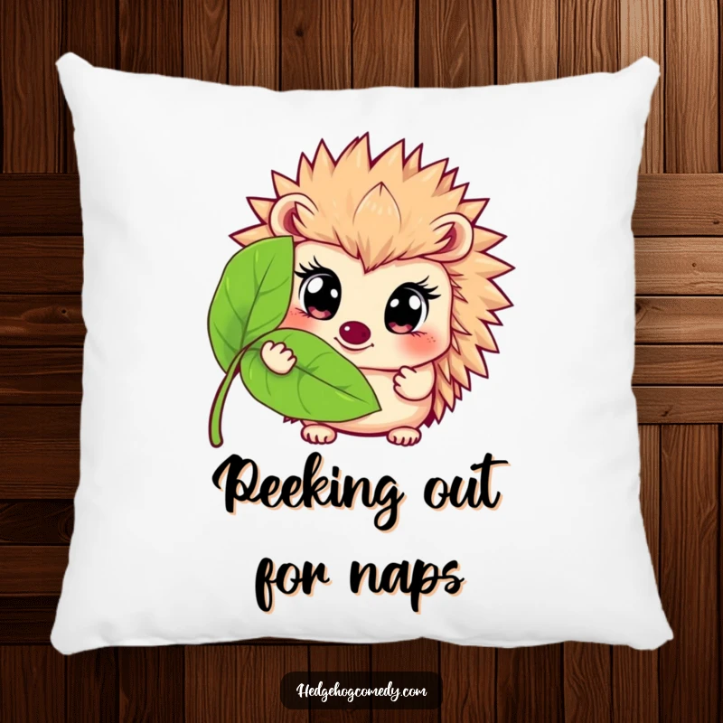 Funny pillow graphic of a hedgehog with big eyes peeking from behind a leaf, conveying humorous shyness and cozy comfort.