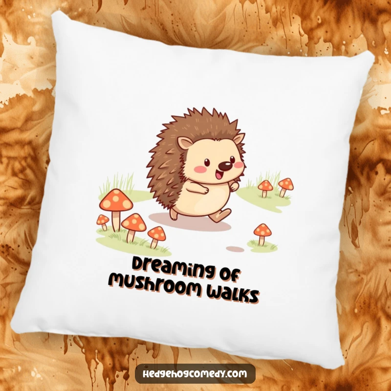 Funny cheerful hedgehog skipping on a mushroom path, offering comfort on a pillow, perfect funny gift.