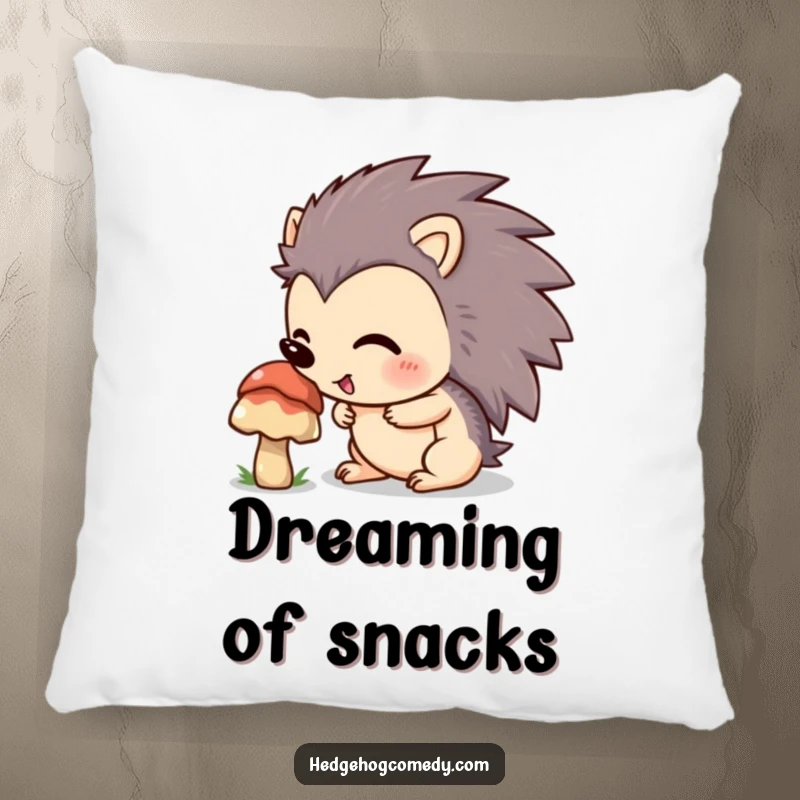 Funny hedgehog excitedly sniffing a mushroom on a soft pillow, bringing a touch of nature's humor indoors.