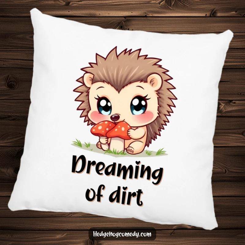 Funny pillow showcasing a curious hedgehog sniffing a mushroom with big, bright eyes.