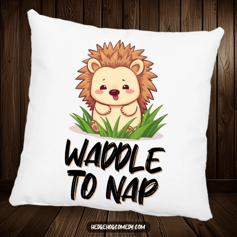 Funny hedgehog happily waddling through green grass on a soft pillow, creating a cozy and cheerful accent.