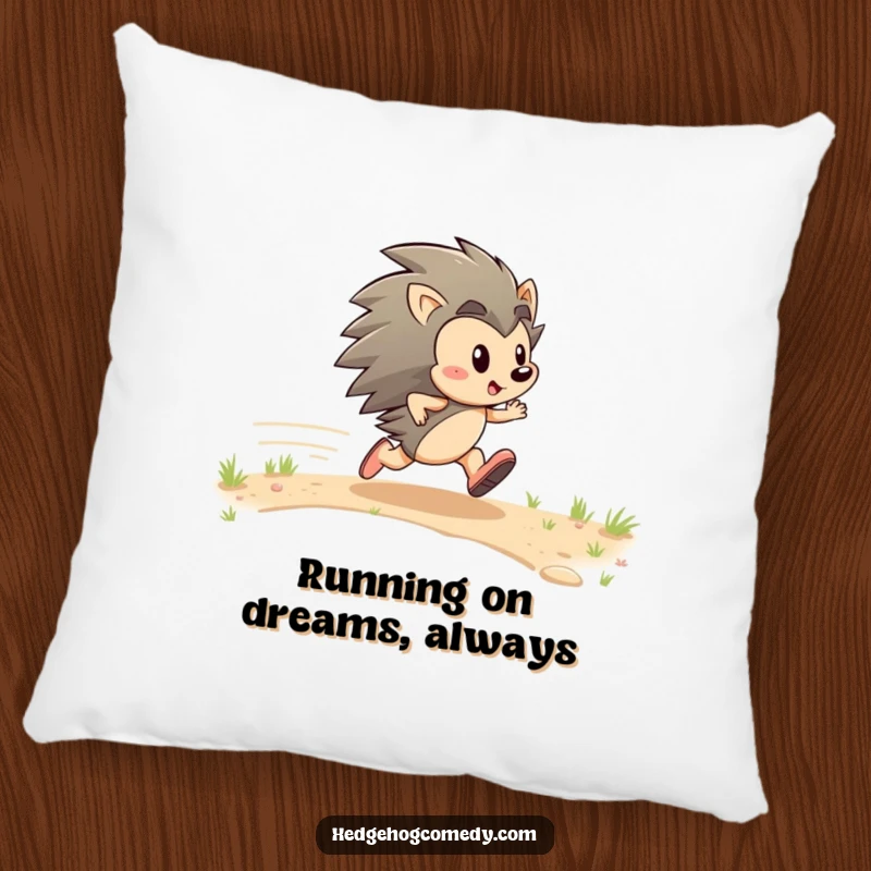 Funny pillow featuring an energetic hedgehog character zipping with gleeful determination, offering comfort and a dose of humor.