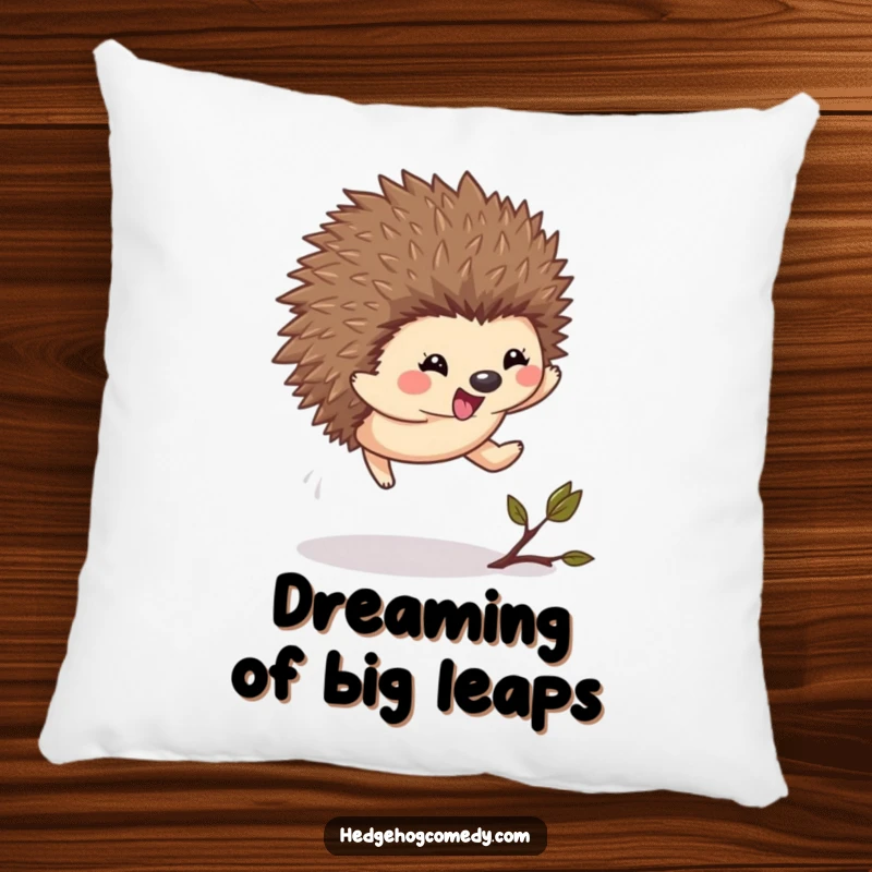 Funny Kawaii Hedgehog Pillow: A soft pillow featuring a cute hedgehog leaping with excitement over a small twig.