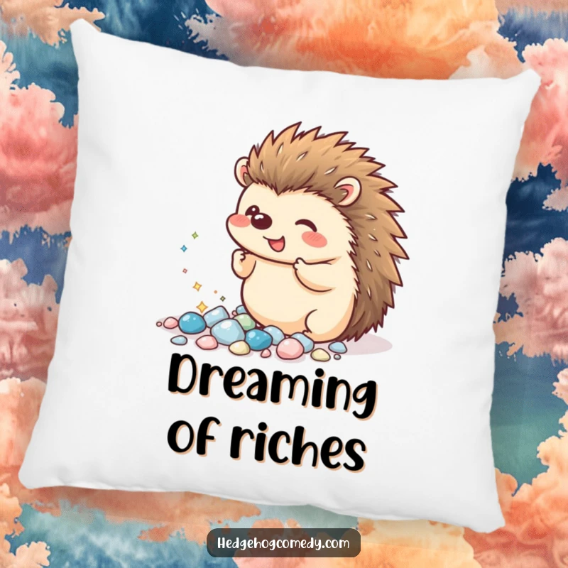 Funny Kawaii Hedgehog Pillow: An excited hedgehog proudly displays a collection of tiny, sparkling pebbles, offering a soft and humorous decorative touch.