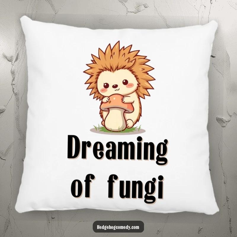 Funny Kawaii Hedgehog Pillow, balancing a mushroom on its quills, perfect for cozy decor and humorous appreciation of nature.