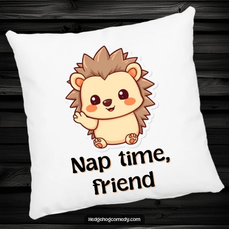 Funny Kawaii Hedgehog Pillow, giving a gentle wave with quills slightly raised, perfect for cozy decor and humorous, friendly comfort.