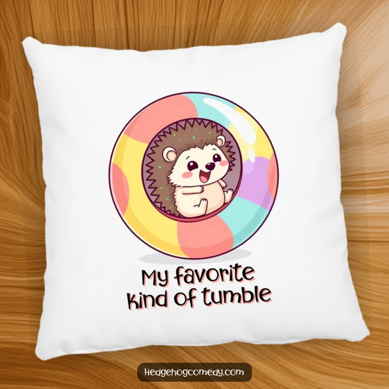 Funny Pillow featuring a cute Kawaii hedgehog happily rolling inside a big, colorful sphere, ready for adventure.