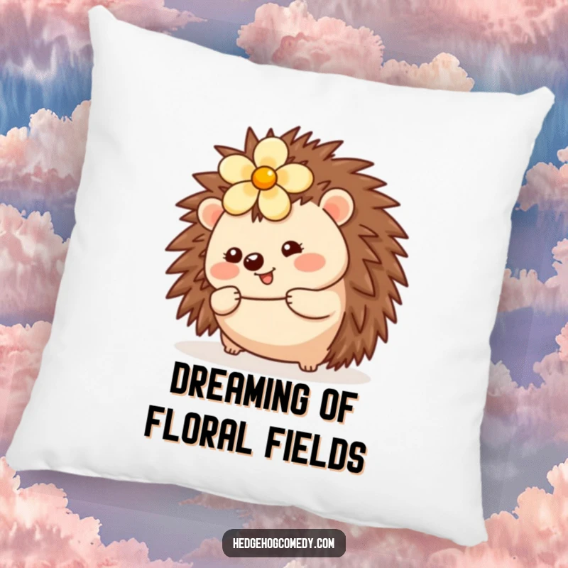 Funny Kawaii Hedgehog Pillow: A soft pillow with a cute hedgehog rolling joyfully, a flower on its head.