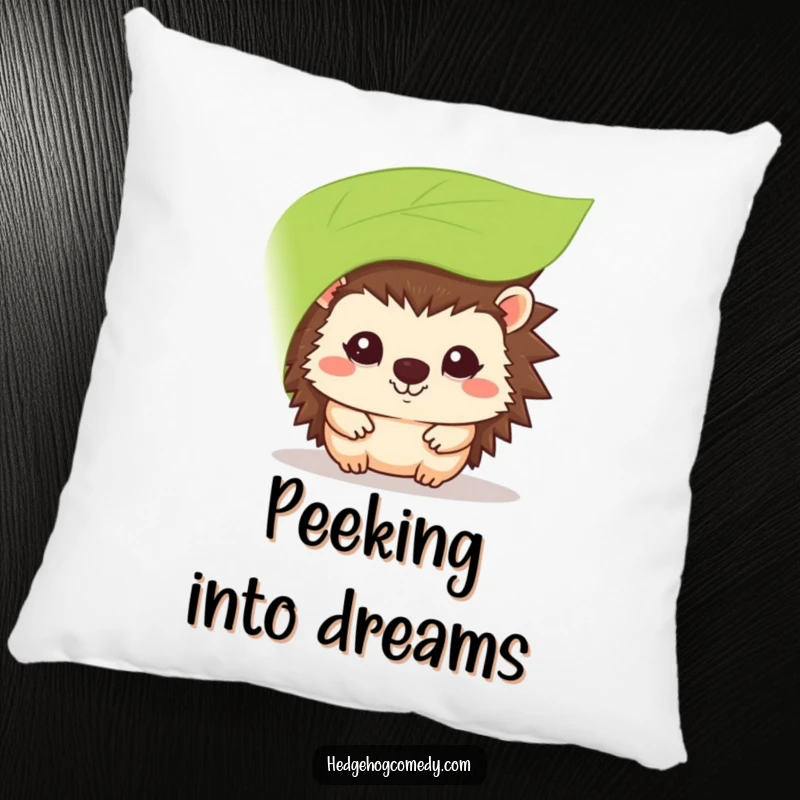 Funny kawaii hedgehog pillow, peeking from behind a leaf with a shy smile, a soft and cute character.