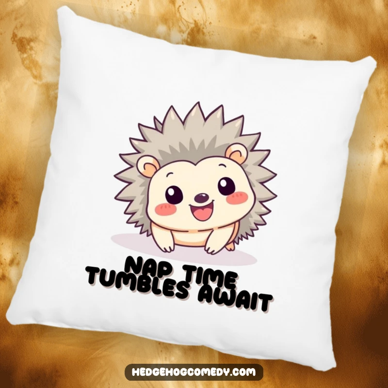 Funny Kawaii Hedgehog Pillow: A soft pillow featuring a happy, smiling hedgehog tumbling playfully forward.