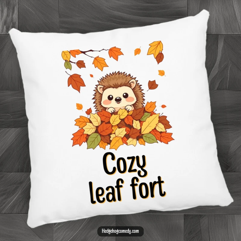 Funny adorable kawaii hedgehog peeking from autumn leaves, a soft and humorous pillow gift.