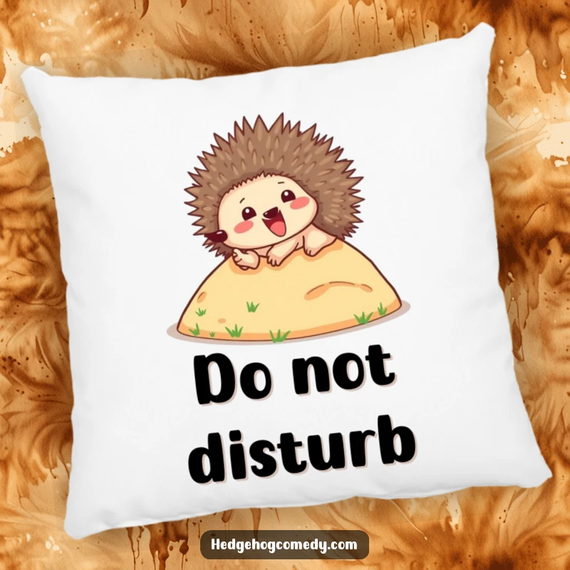 Funny pillow showcasing a happy hedgehog energetically rolling downhill, spines up, offering a soft, humorous touch to any decor.