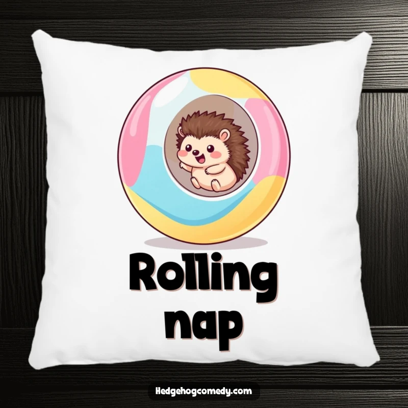 Funny kawaii hedgehog pillow featuring a cute hedgehog excitedly rolling downhill inside a giant, colorful ball, offering comfort and fun.