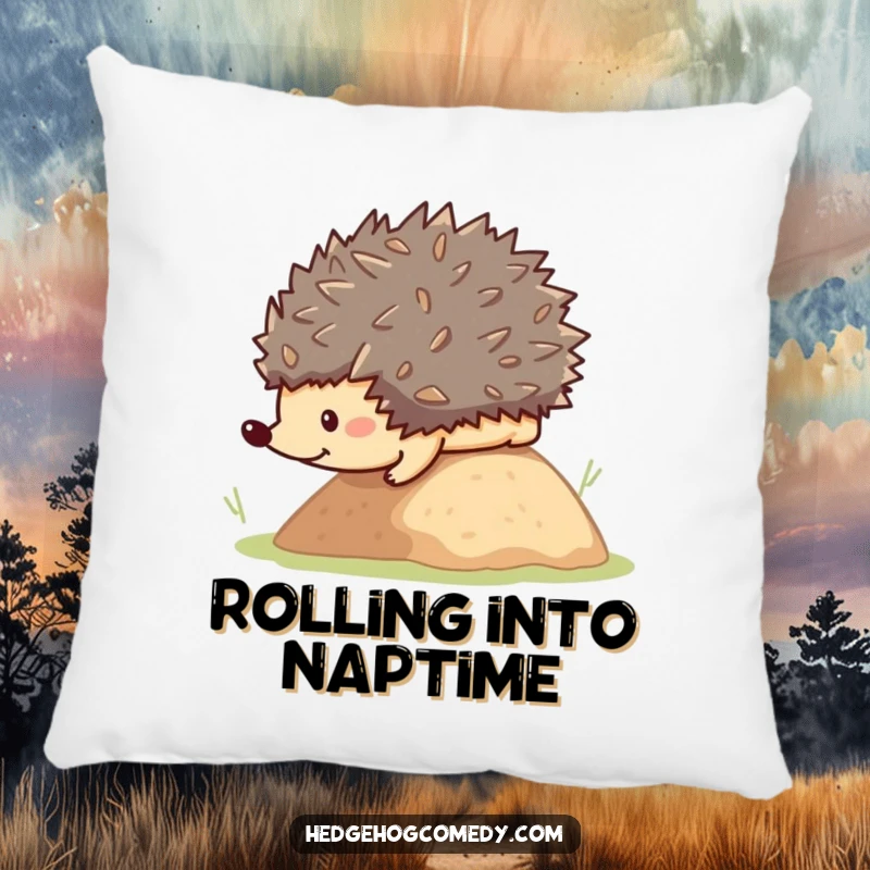 Funny adorable kawaii hedgehog rolling down a hill, a soft and humorous decorative pillow gift.