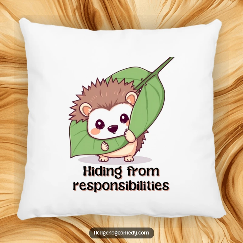 Funny mischievous hedgehog hiding behind a leaf, offering comfort on a pillow, perfect funny gift.