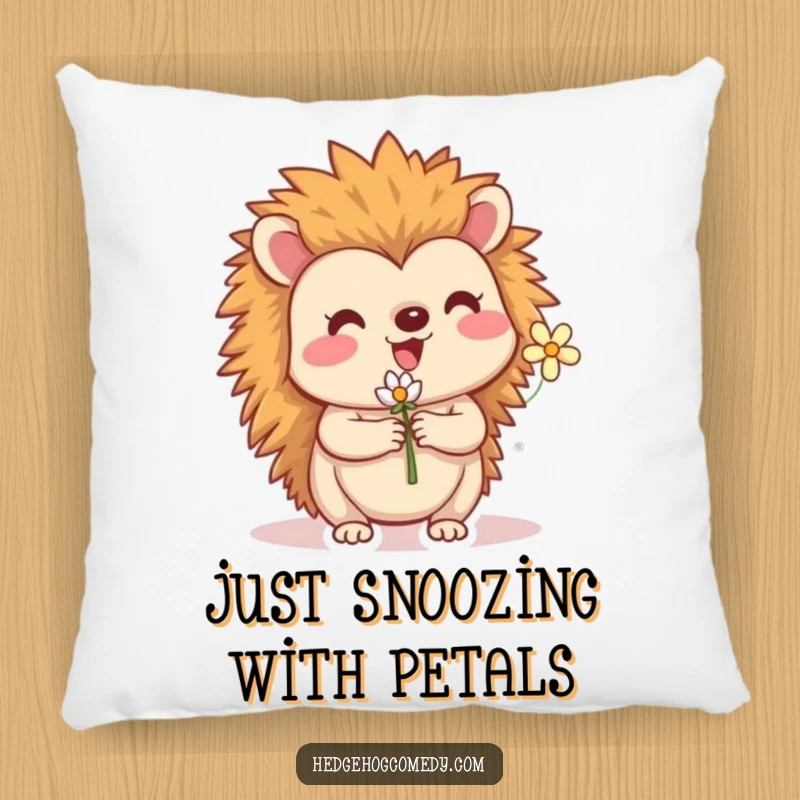 Funny pillow featuring a cute hedgehog character tenderly holding a small flower. Soft, huggable, and delightfully humorous.