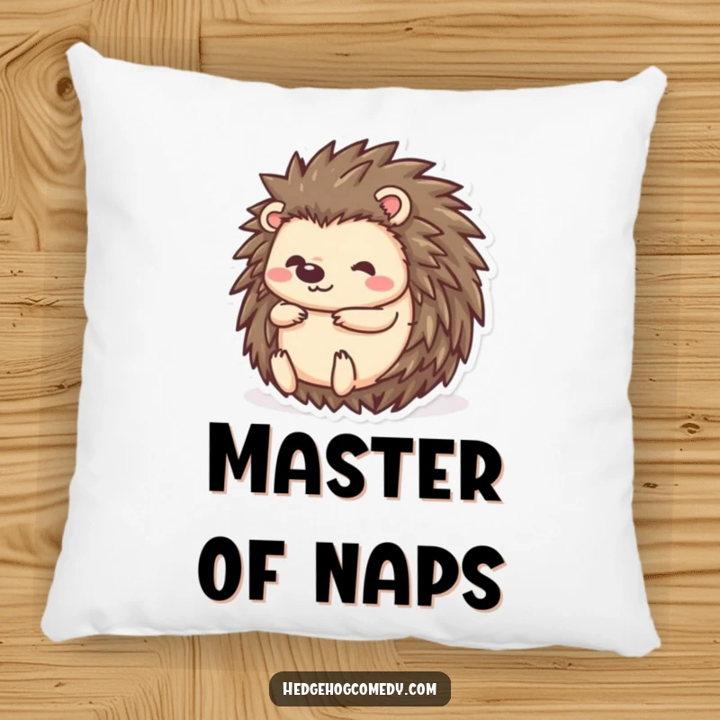 Funny kawaii hedgehog pillow, rolling into a ball, a shy yet adorable character ready for cozy times.