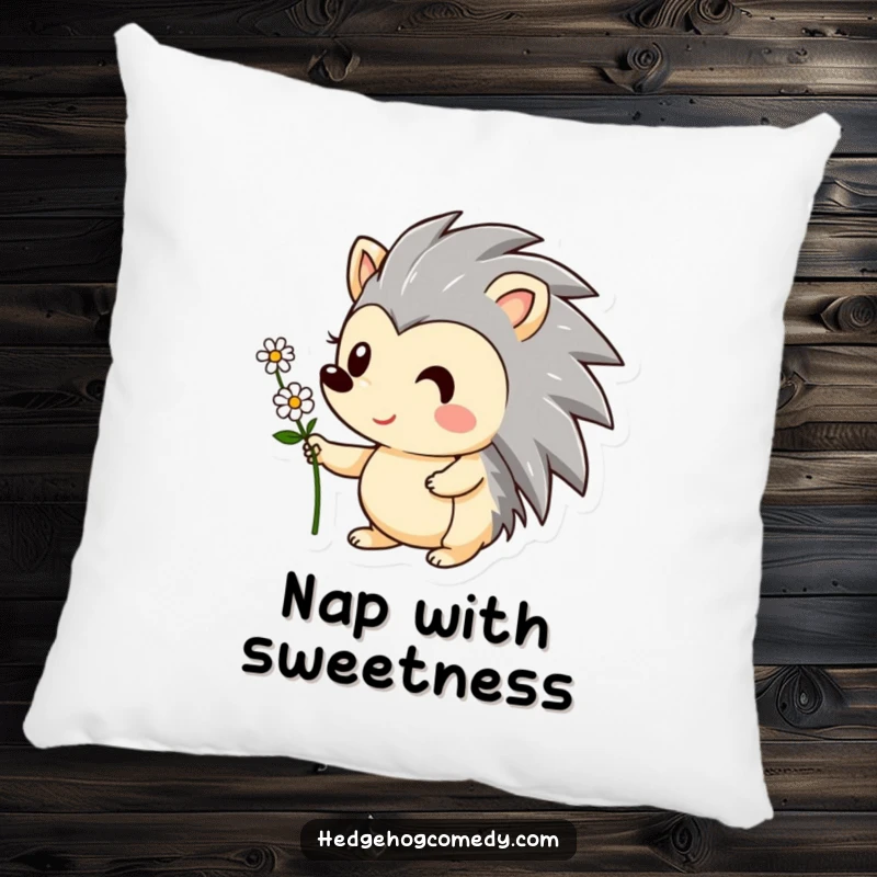 Funny pillow showcasing a cuddly hedgehog character smiling, presenting a tiny flower. Soft, humorous, and cute decorative accent.