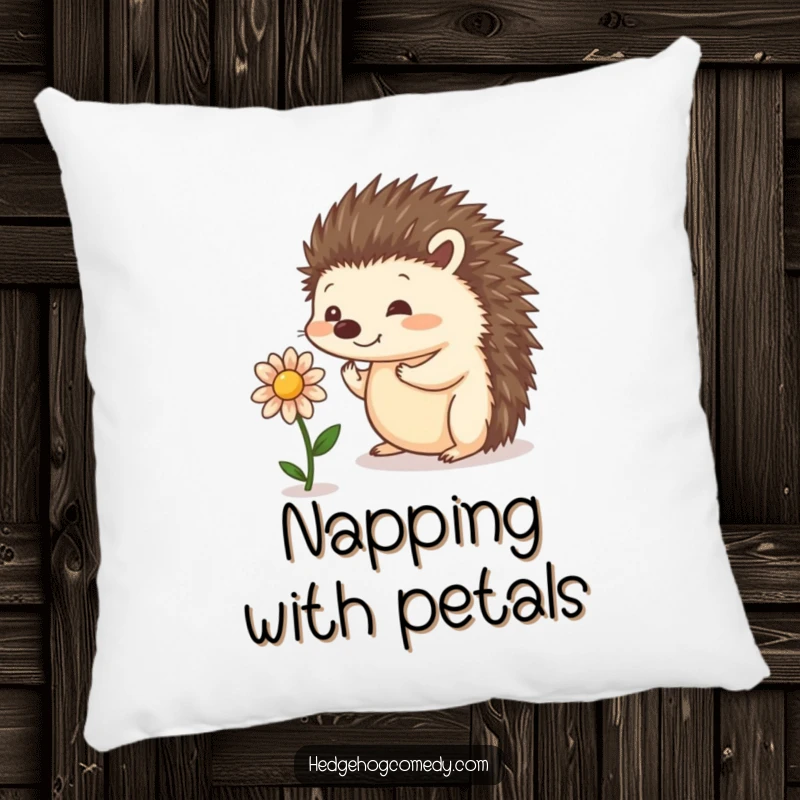 Funny soft pillow showing a playful hedgehog balancing a small flower, ideal for adding whimsy and comfort to sofas or beds.