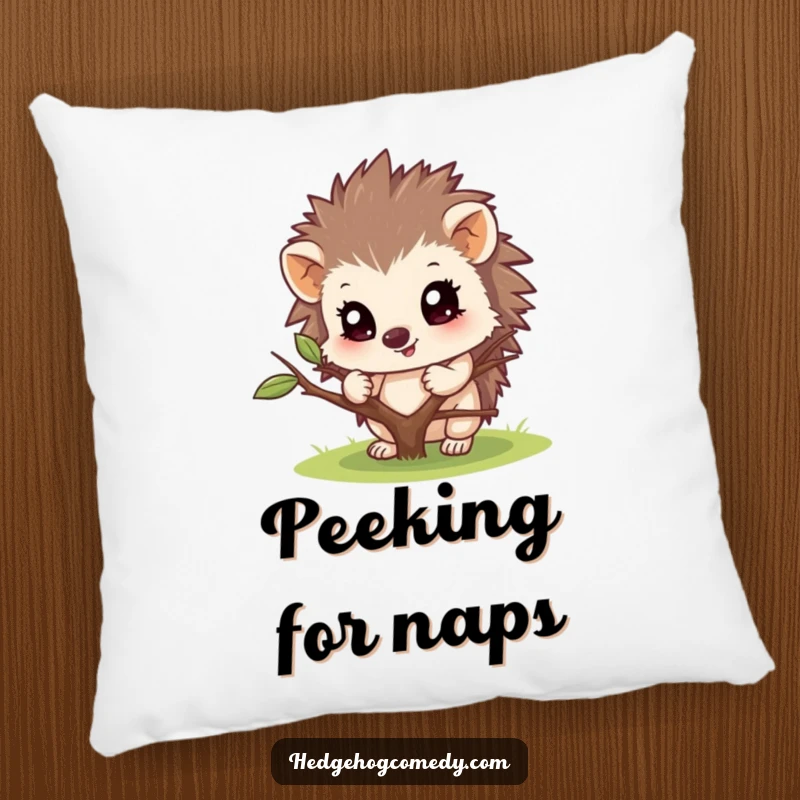 Funny pillow featuring a curious hedgehog peeking from behind a twig. Soft, huggable, and full of playful charm.
