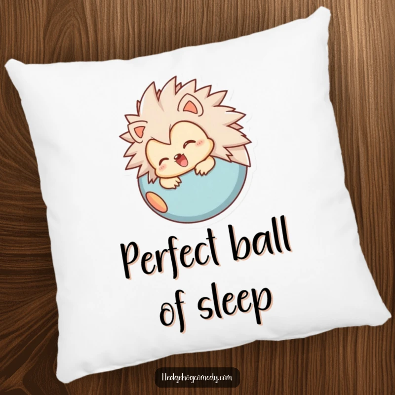 Funny pillow featuring a joyful hedgehog character rolling into a ball, providing comfort and a humorous decorative accent.