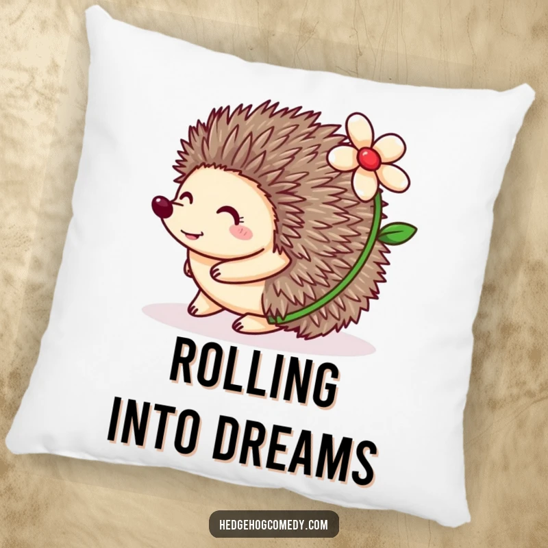 Funny Hedgehog Pillow with a happy hedgehog rolling with a flower on its back, offering comfort and humor for living spaces.