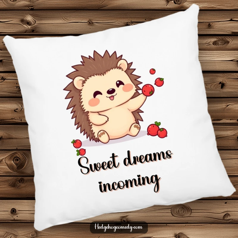 Funny kawaii hedgehog pillow, shown juggling berries, a cute and cheerful character for comfort and joy.
