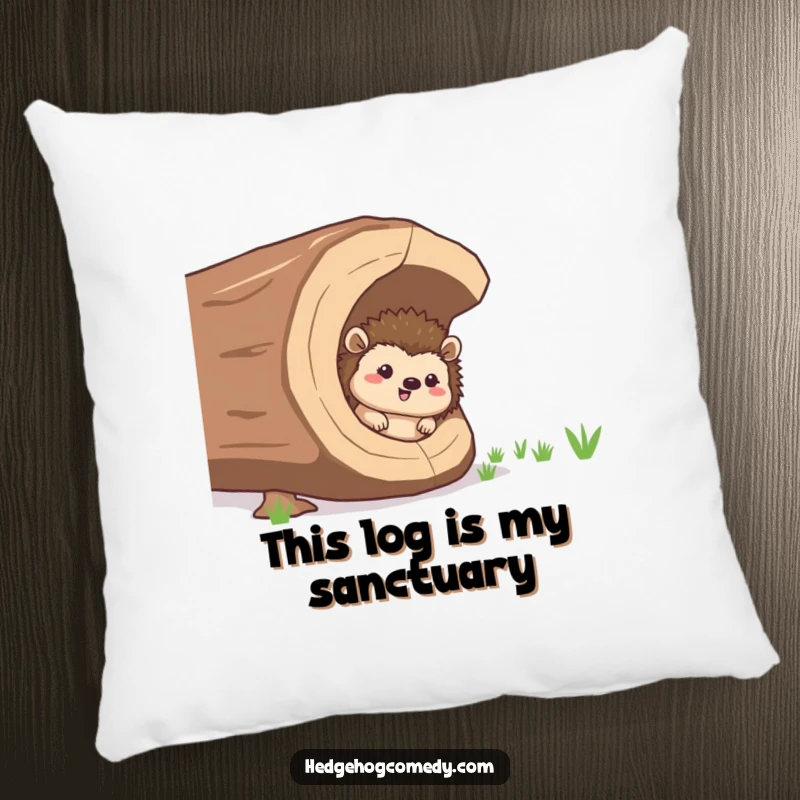 Funny giggling hedgehog peeking from a hollow log, a soft pillow for cuddles and funny gifts.