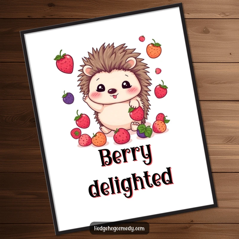 Funny kawaii hedgehog digital art print showing a cute hedgehog happily juggling colorful berries, for instant download.