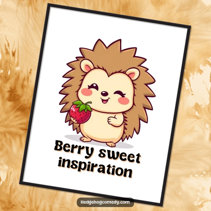 Funny Digital Art Print of a smiling hedgehog character offering a bright berry, perfect for instant cheerful decor.