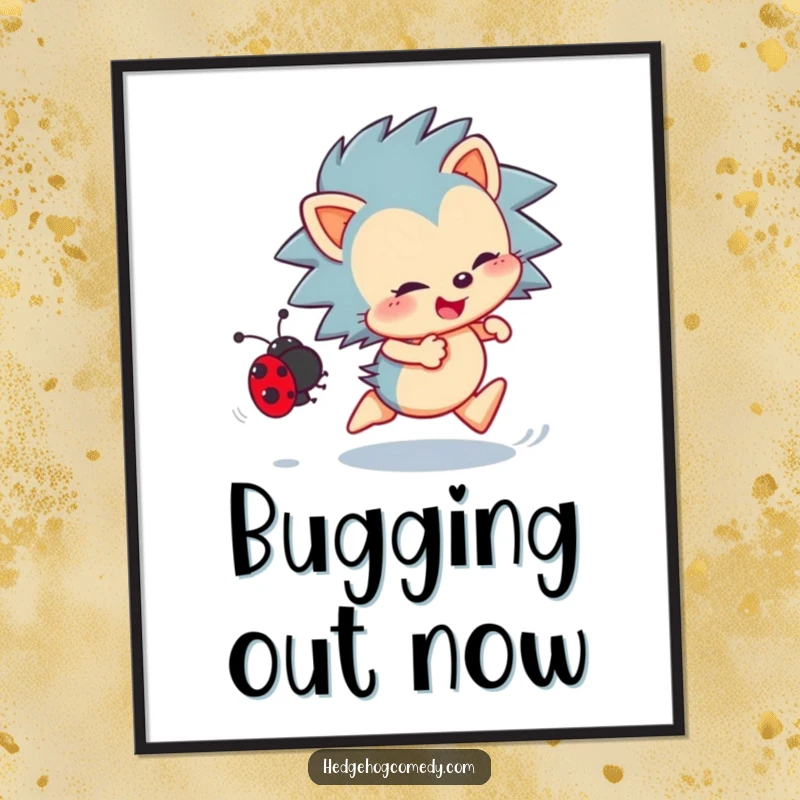 Funny Hedgehog Digital Art Print: Energetic hedgehog enthusiastically chasing a ladybug, a humorous and downloadable artwork.