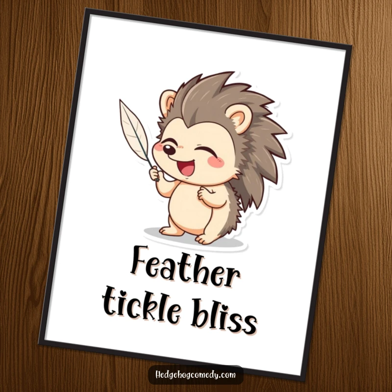 Funny Hedgehog Digital Art Print: Adorable hedgehog giggling while a feather tickles it, a humorous and downloadable artwork.