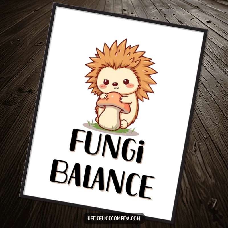 Funny Kawaii Hedgehog Digital Art Print, balancing a mushroom on its quills, perfect for whimsical and humorous nature-themed decor.