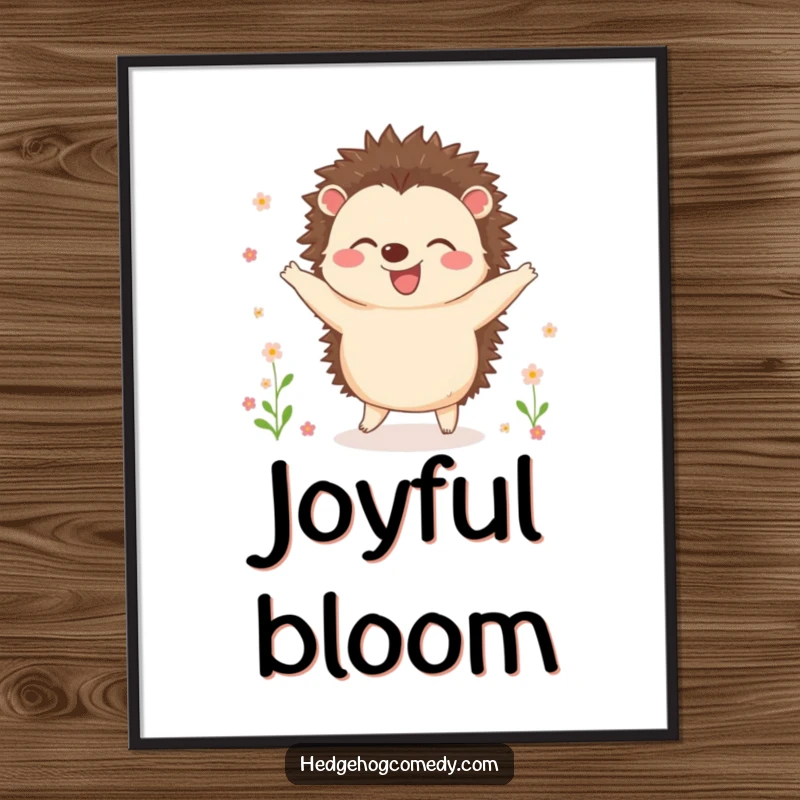 Funny digital art print of a joyful hedgehog dancing amidst tiny blooming flowers, capturing a moment of pure, uninhibited bliss.