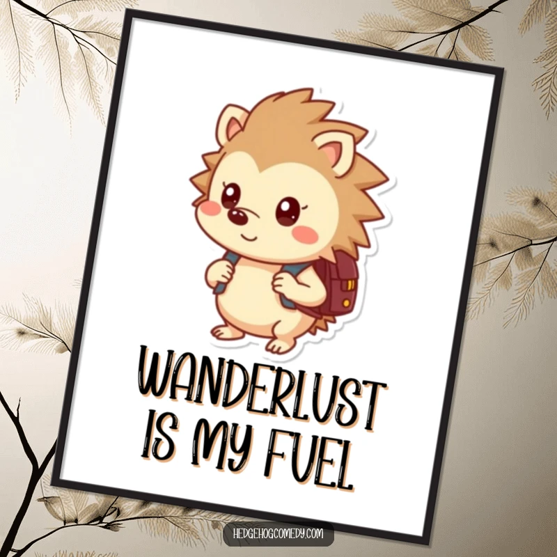 Funny digital art print of a curious hedgehog with a backpack, ready for adventure and adding humor to any digital display.