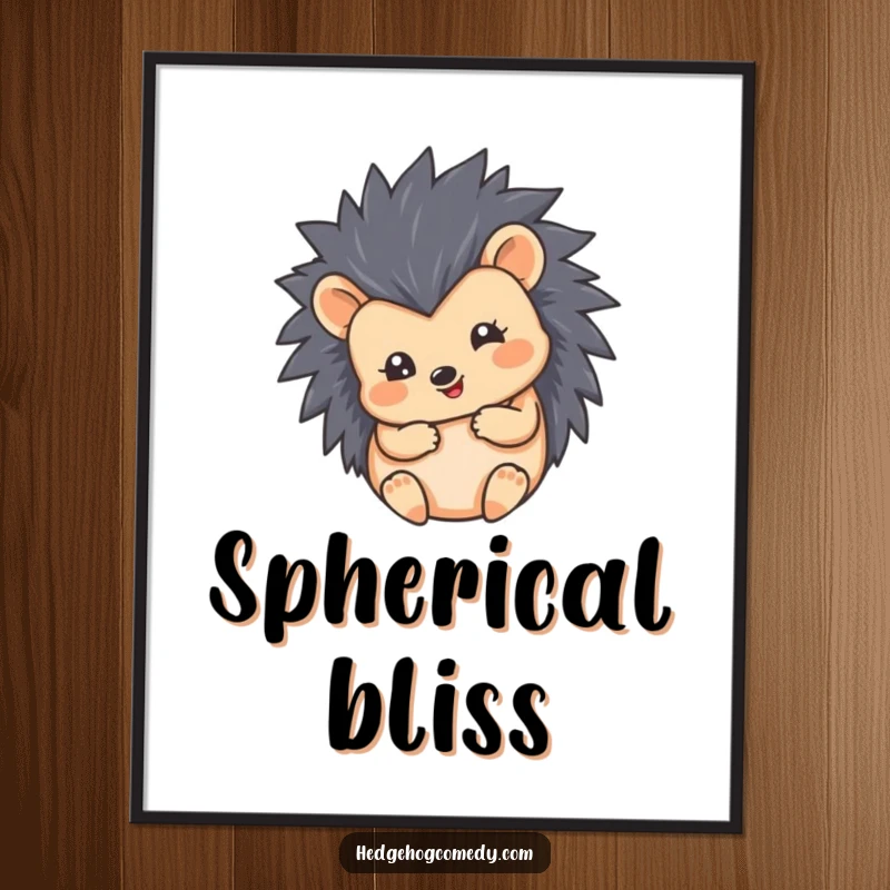 Funny digital art print of a hedgehog curled into a cute, round, happy ball. Instant whimsical and humorous decor.