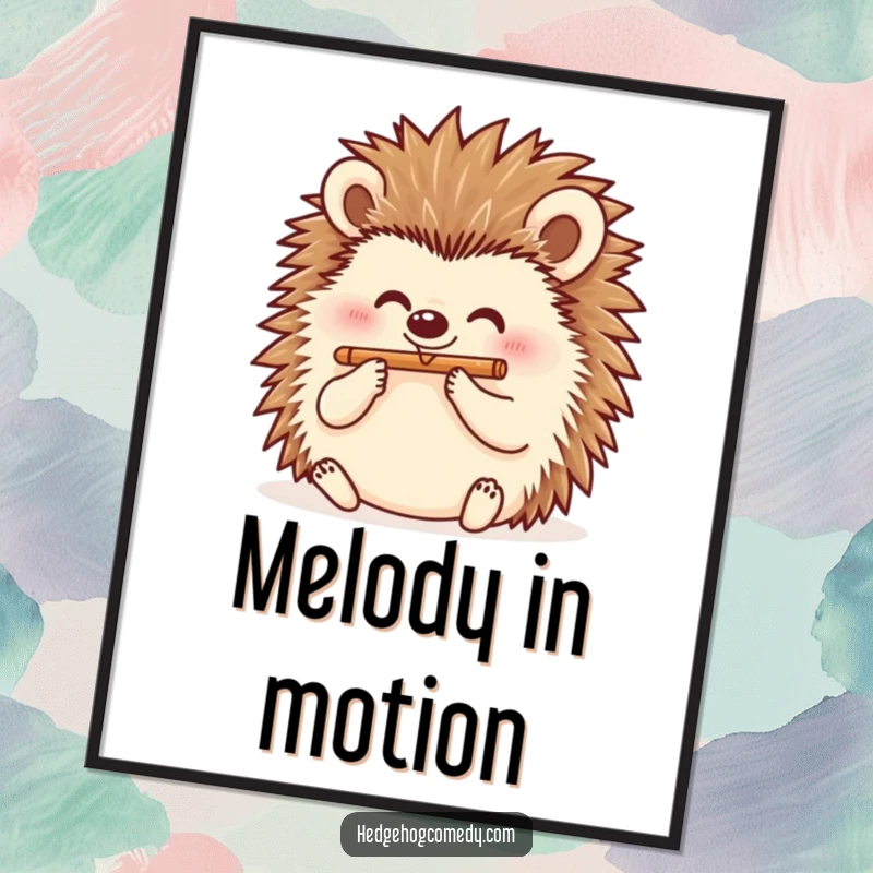 Funny hedgehog playing a flute with a cheerful expression, presented as a digital art print, perfect for humorous decor.