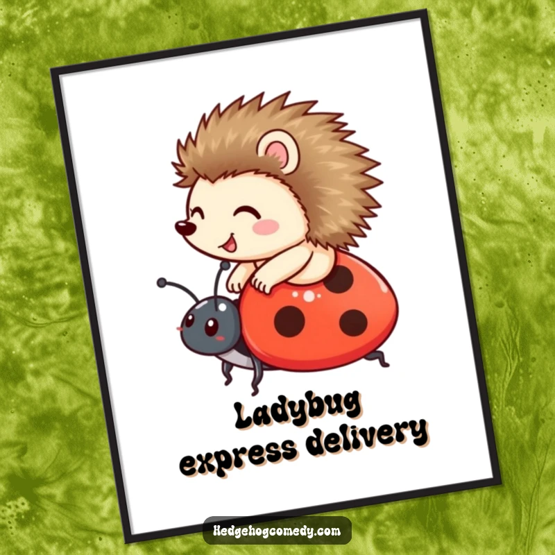Funny happy hedgehog riding a ladybug as a digital art print, symbolizing adventure and friendship, perfect funny gift.