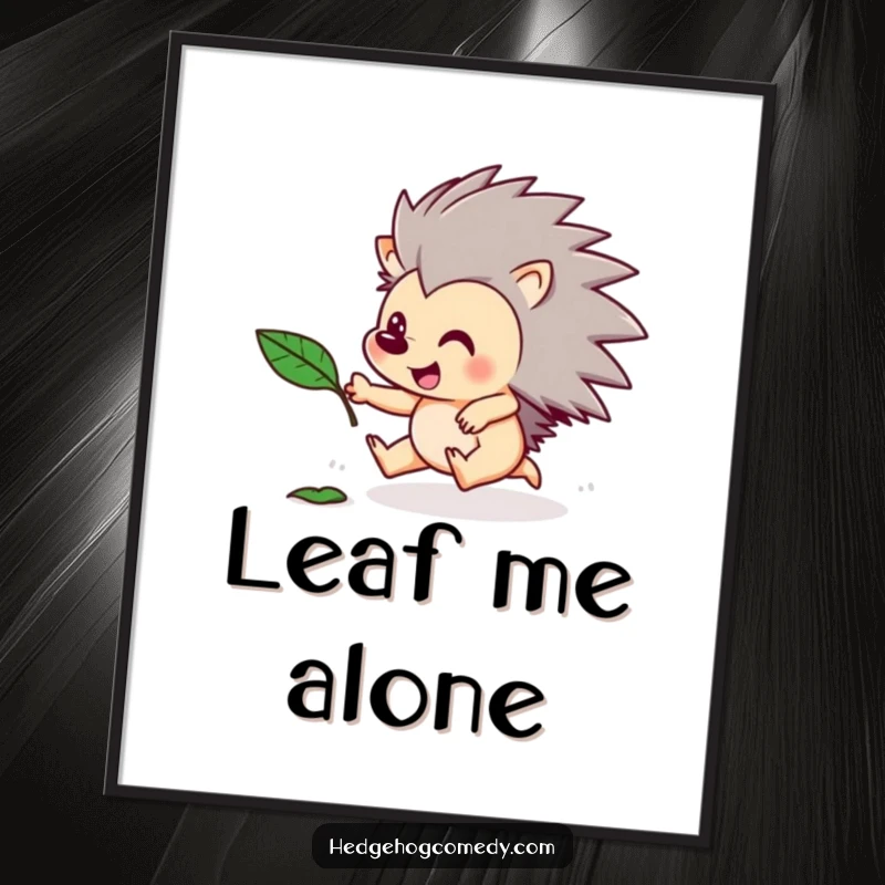 Funny digital art print of a hedgehog enthusiastically chasing a floating leaf. Instant playful and humorous decor.