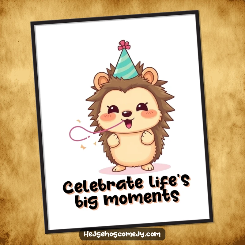 Funny excited hedgehog wearing a party hat blowing a streamer, printable digital art for a fun gift.
