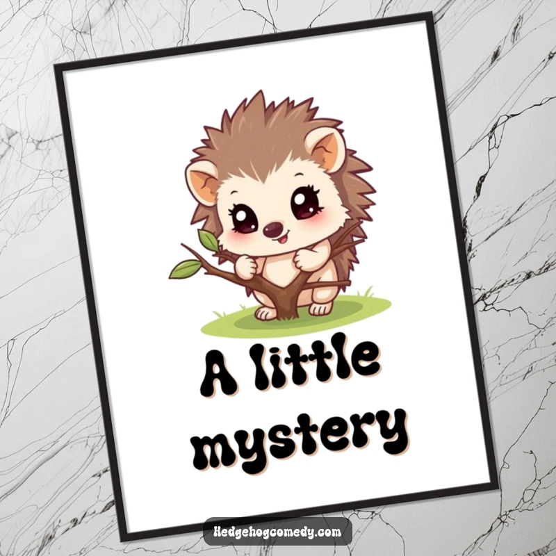 Funny digital art print of a hedgehog character playfully peeking from behind a twig. Whimsical and charming wall decor.
