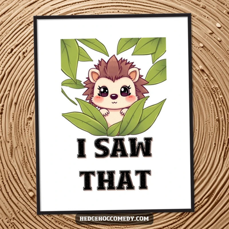 Funny hedgehog peeking from leaves with a surprised expression, high-resolution digital art print for instant humorous wall decor.