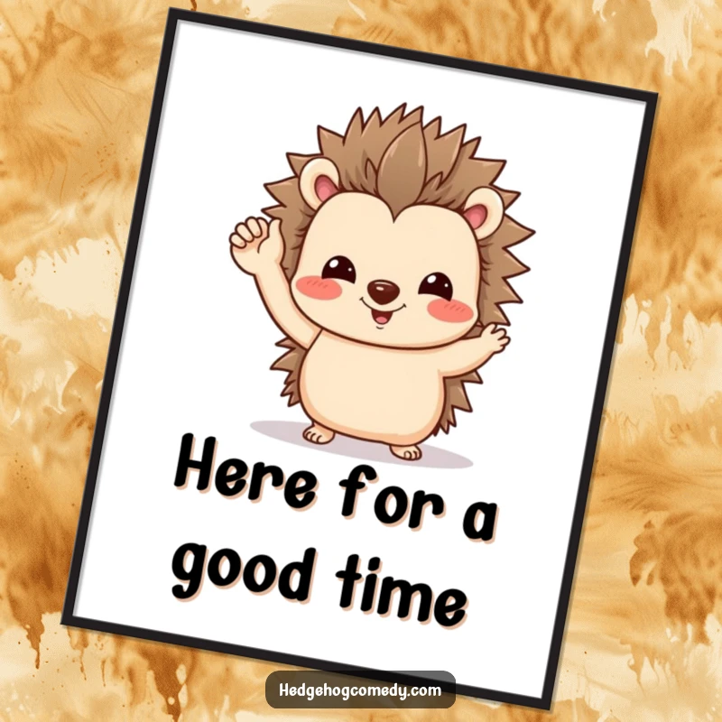 Funny digital art print of a friendly hedgehog character giving a tiny, wobbly wave, radiating sweetness and charm.